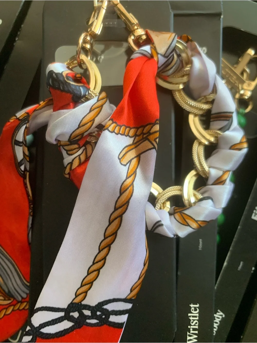 NIB Gold Chain Scarf Bracelet with Red and White Silk Tie phone wrist